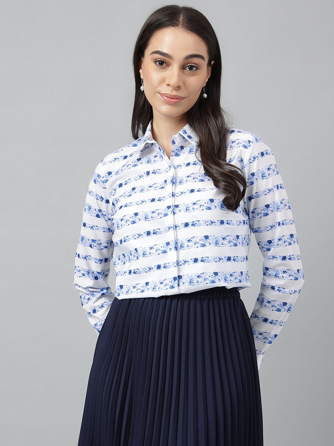 Women Blue &White Solid Pure Cotton Regular Fit Formal Shirt