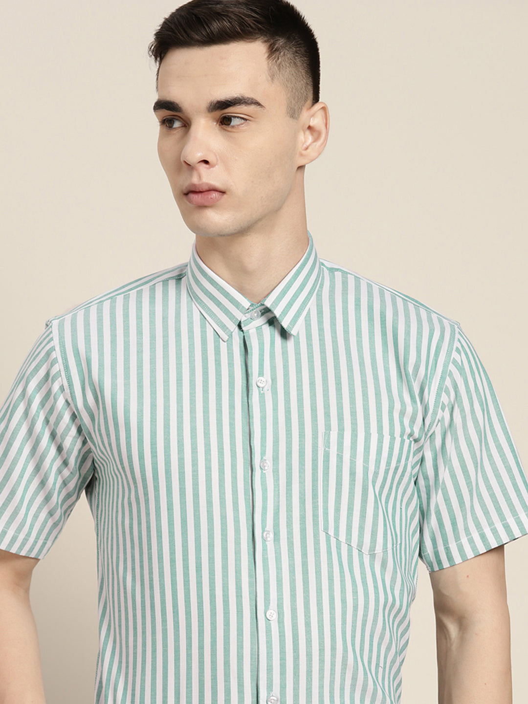 Men Green White Stripes Pure Cotton Slim fit Formal Shirt