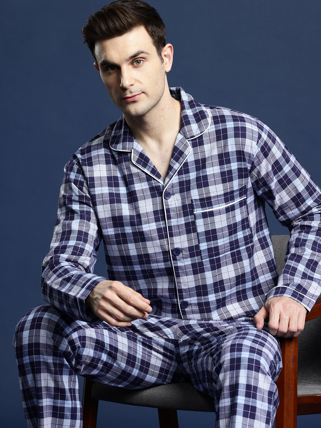 Men Navy Grey Checked Pure Cotton Relaxed Fit Night Suit