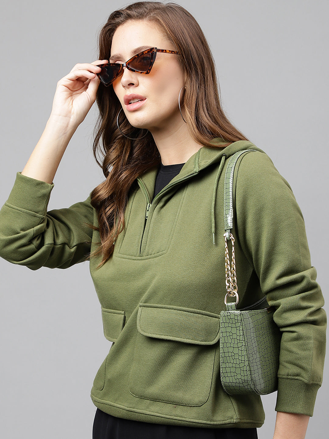 Women Olive Solid Half Zipper Regular Fit Hooded Sweatshirt