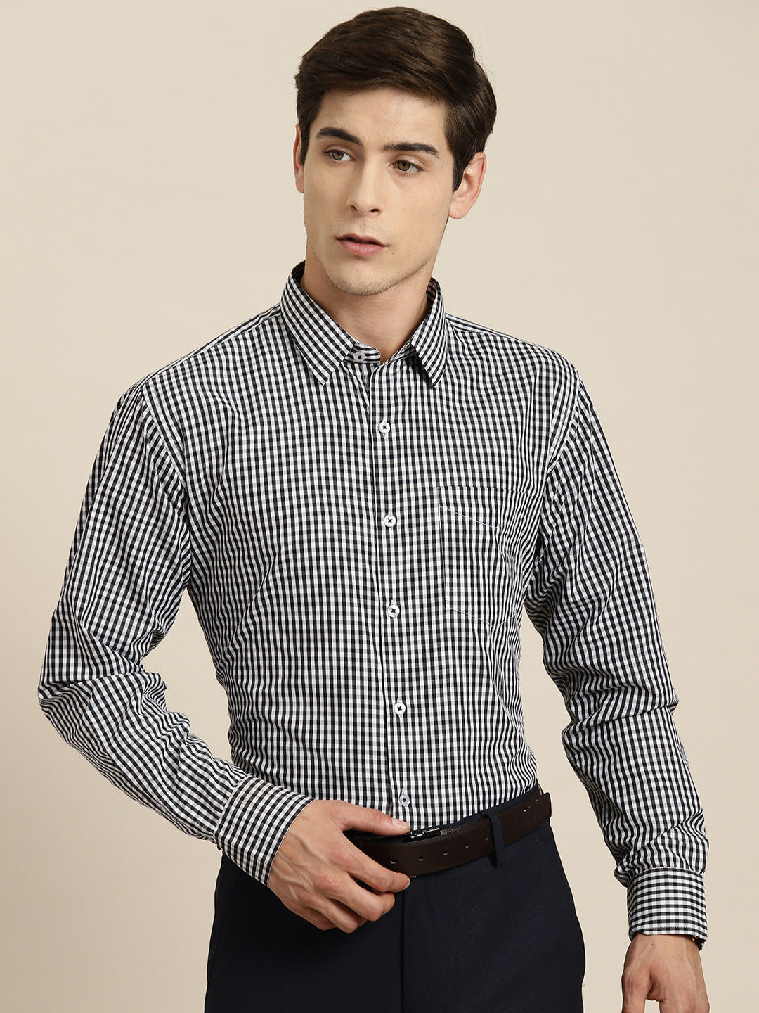 Men Black Gingham Check Cotton Rich Slim fit Formal Shirt