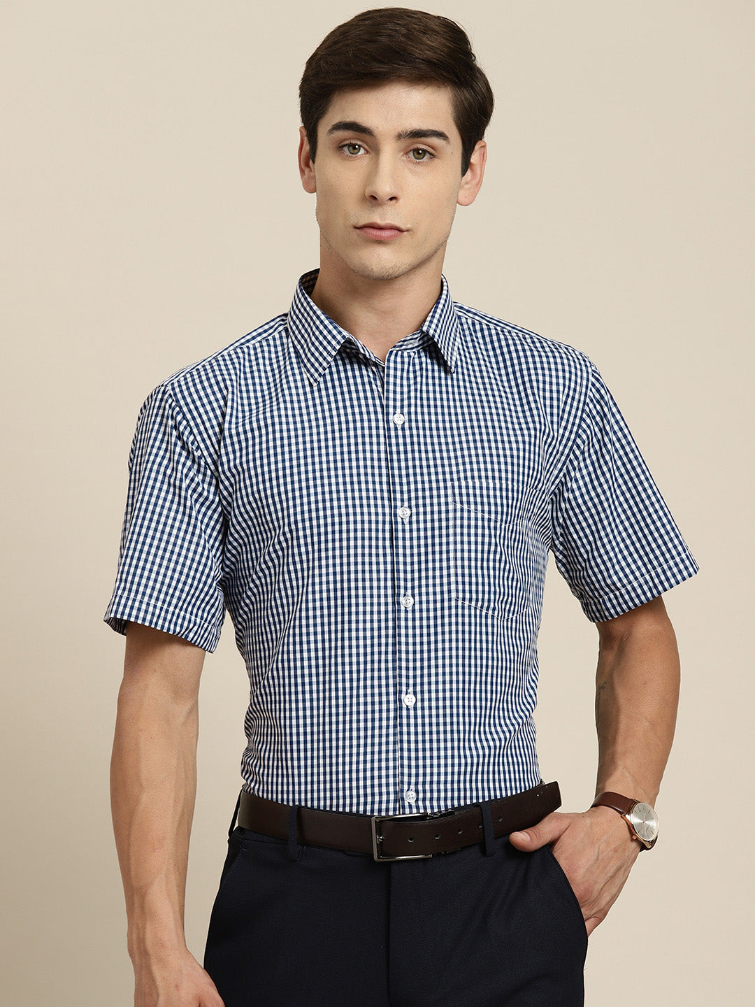 Men Navy White Gingham Check Short Sleeve Slim fit Formal Shirt