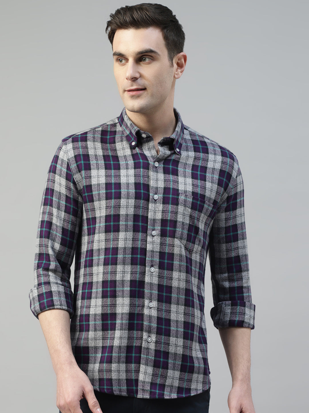 Men Purple Grey Flannel Tartan Checked Pure Cotton Slim Fit Casual Shirt