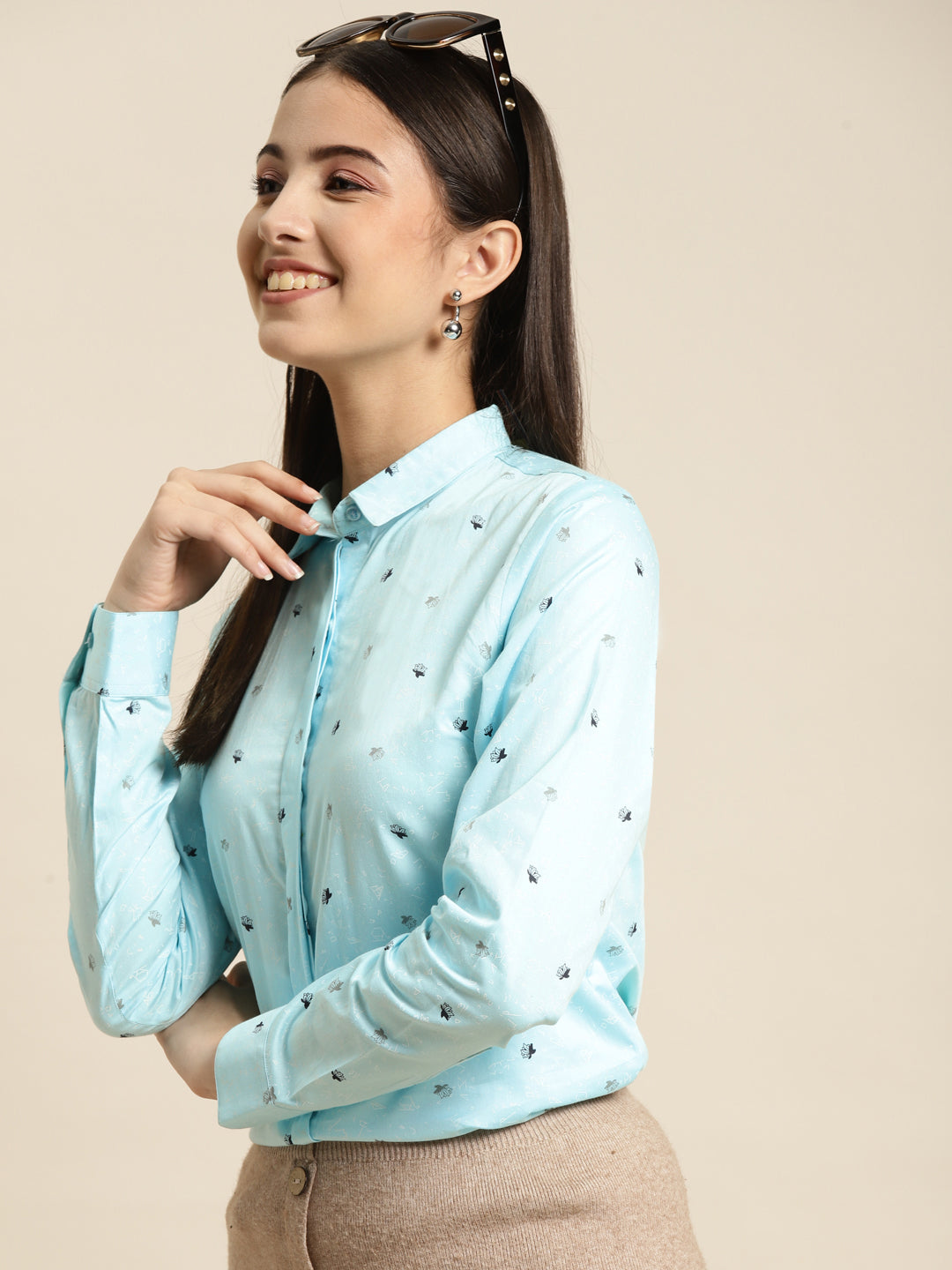 Women Sky Blue Printed Pure Cotton Slim Fit Formal Shirt