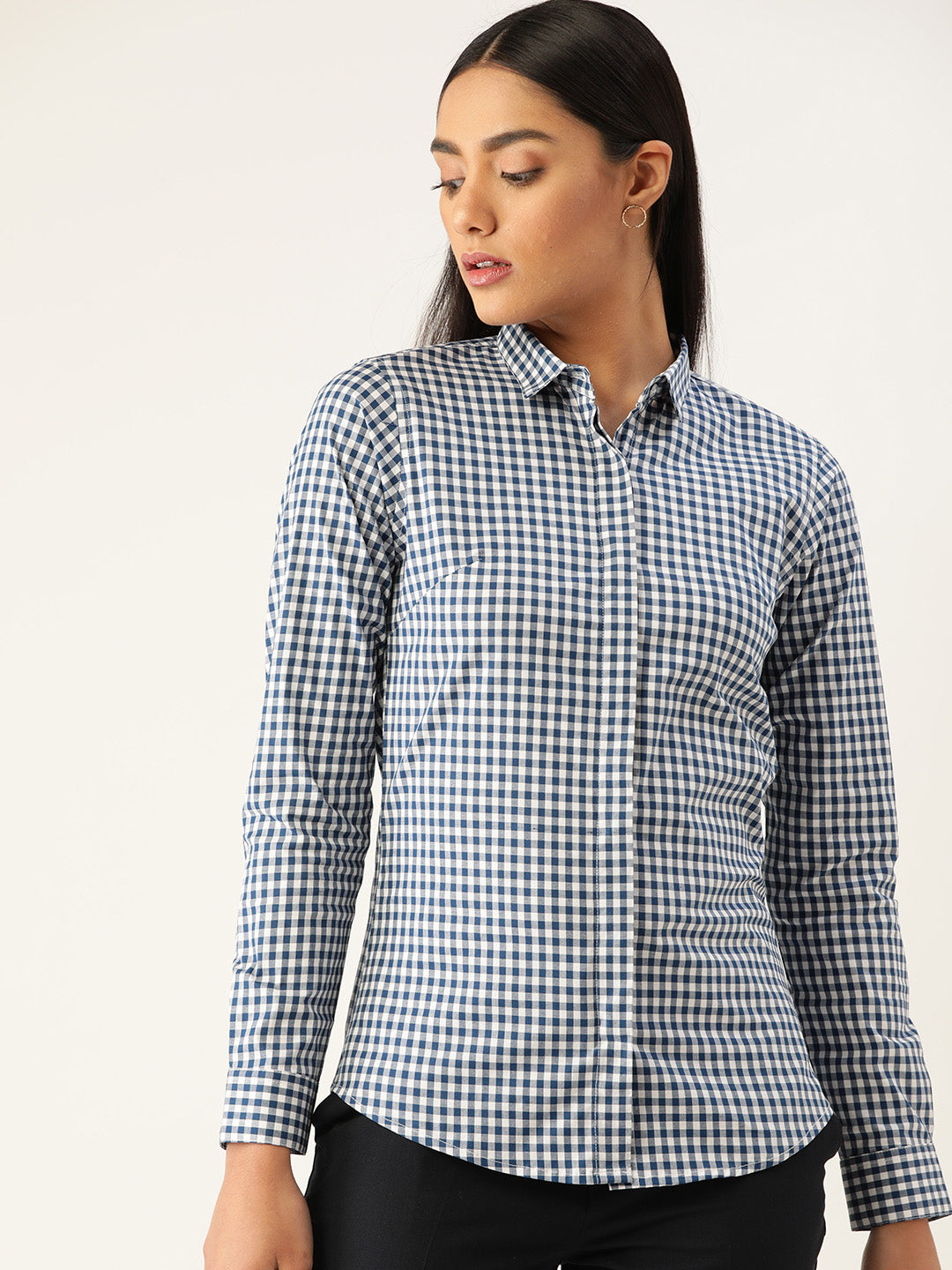 Women Navy & White Checks Pure Cotton Slim Fit Formal Shirt