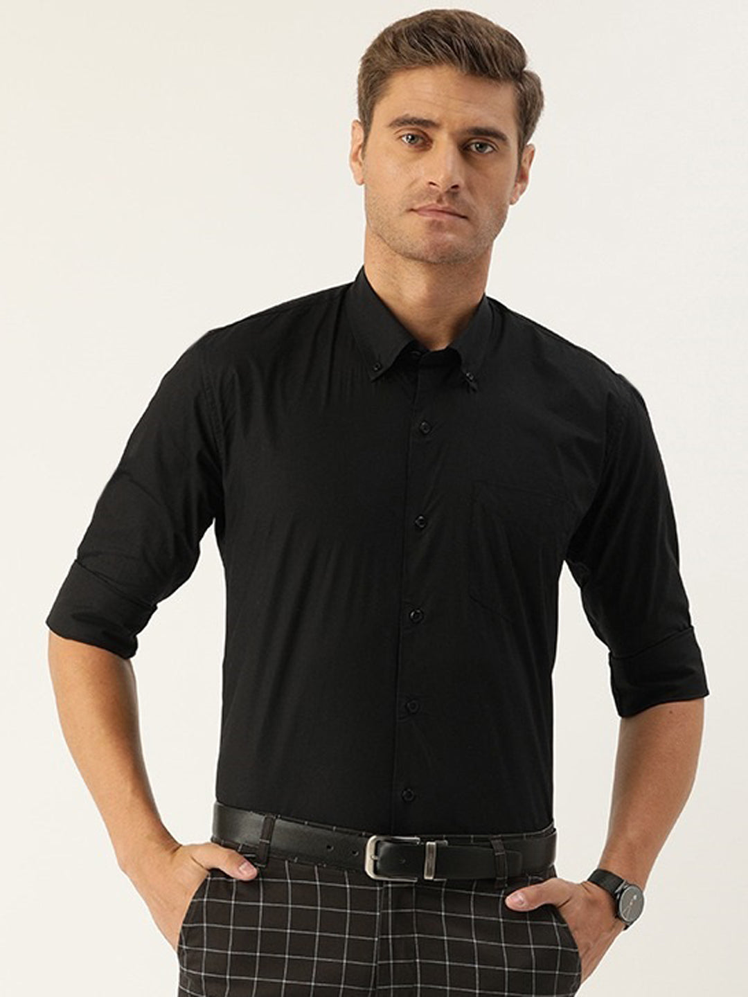 Mens black button down collar shirt best sale