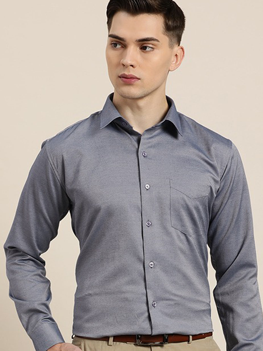 Men Grey Slim Fit Formal Full Sleeves Formal Shirt