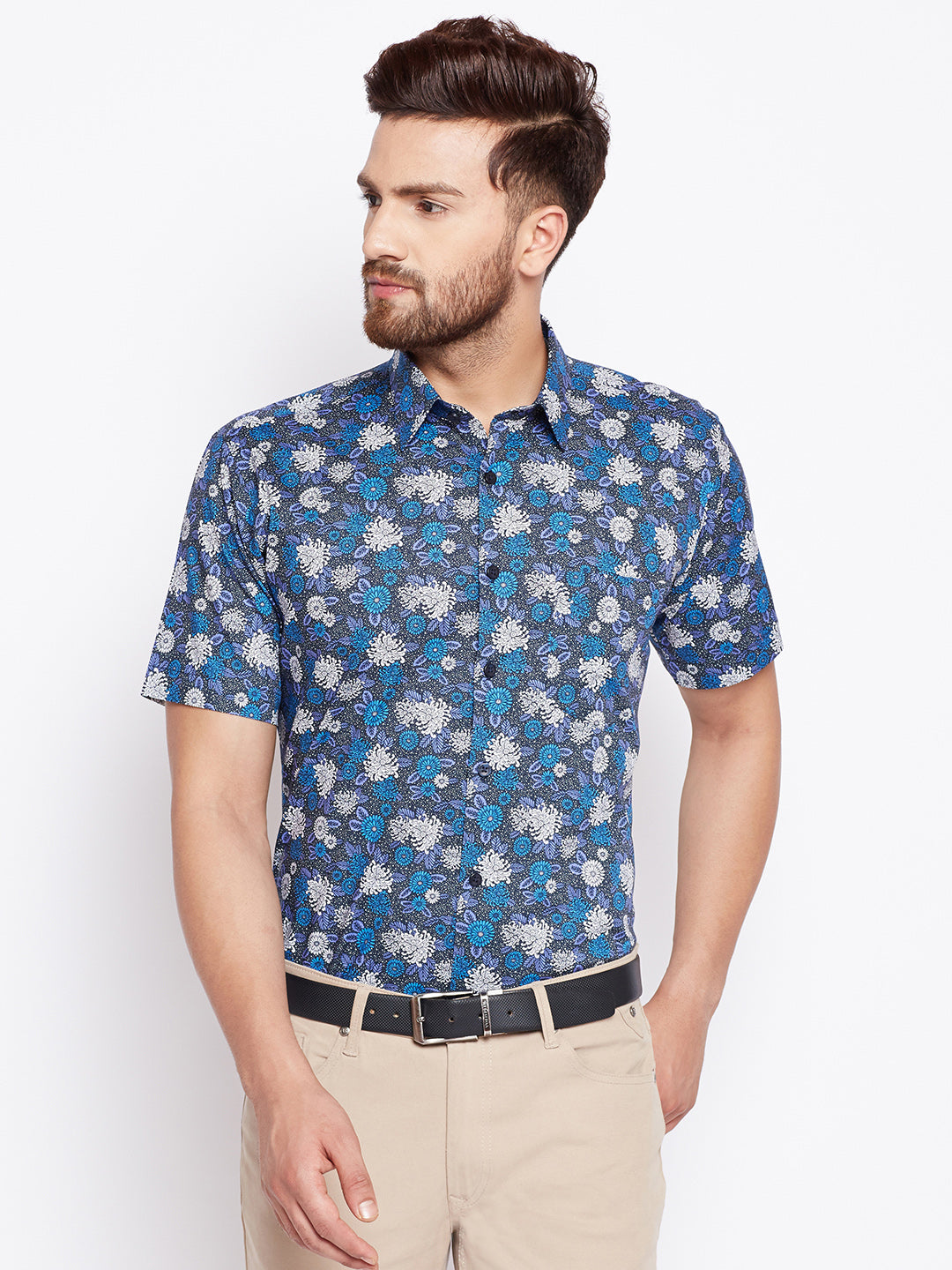 Men Floral Printed Blue Half Sleeve Pure Cotton Slim Fit Formal Shirt