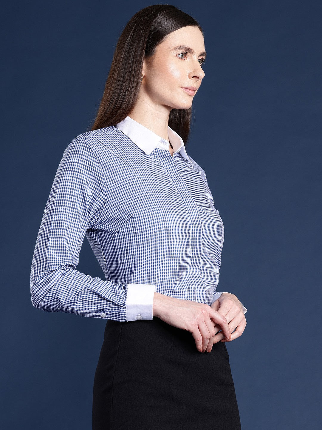 Women Blue Checks Pure Cotton Bankers Formal Shirt