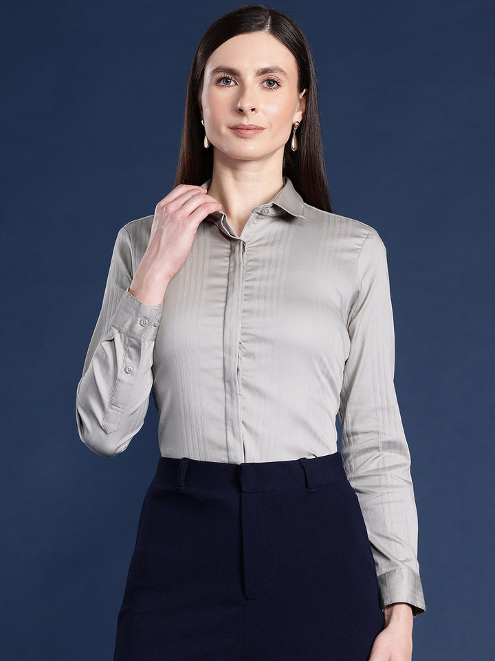 Women Grey Solid Self Design, Pure Cotton Stretchable Wrinkle Free Formal Shirt