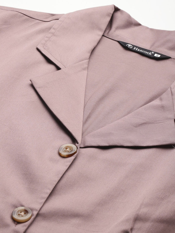 Women Dusty Mauve Solid Pure Cotton Satin Pleated Formal Shirt