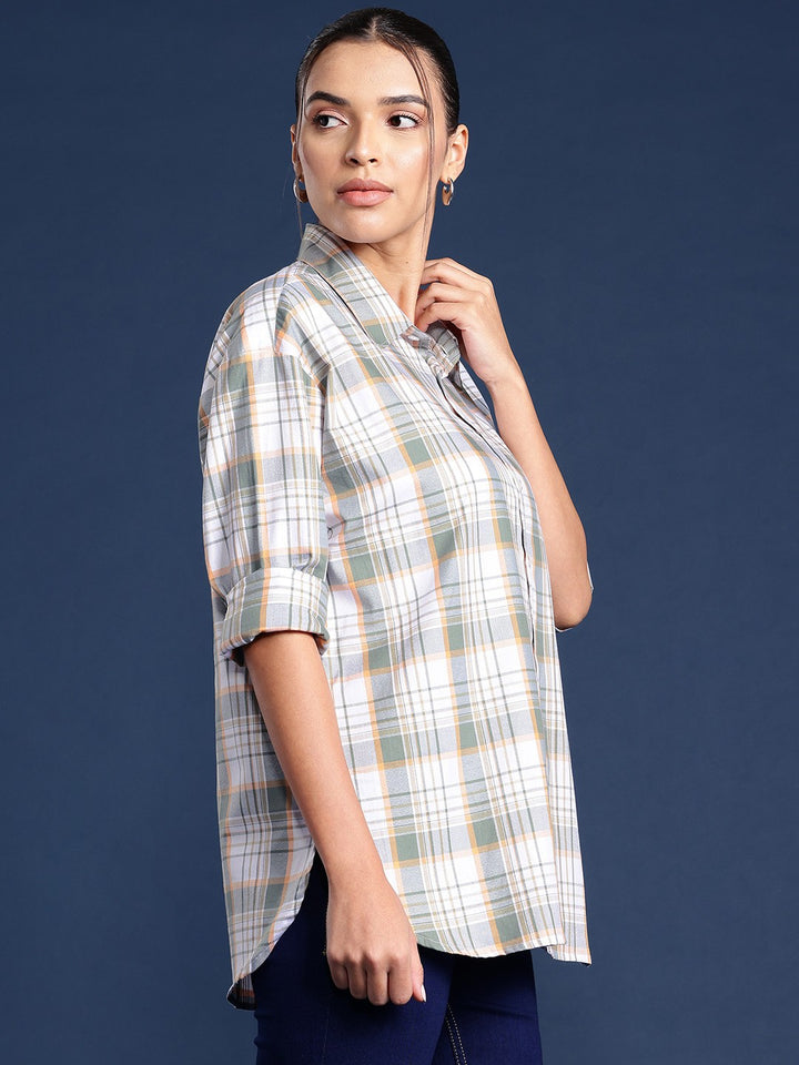 Women White Checks Pure Cotton Oversized Fit Formal Shirt