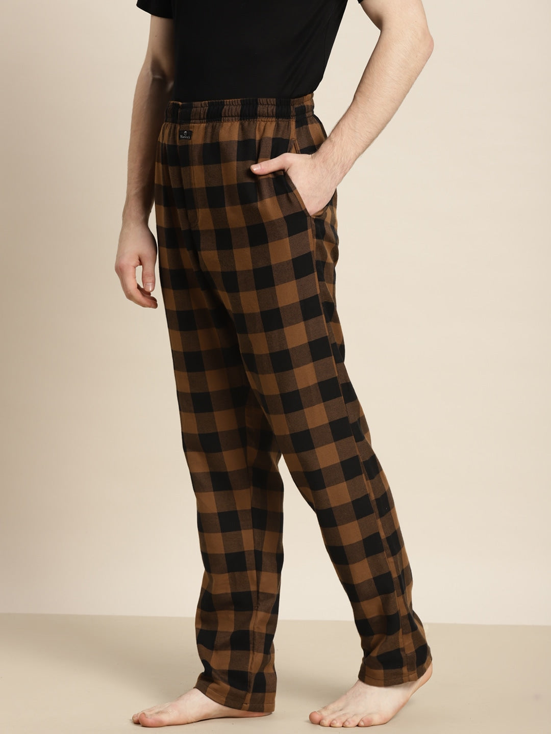 Men Black &Mustard Checked Cotton Regular Fit Lounge Pant