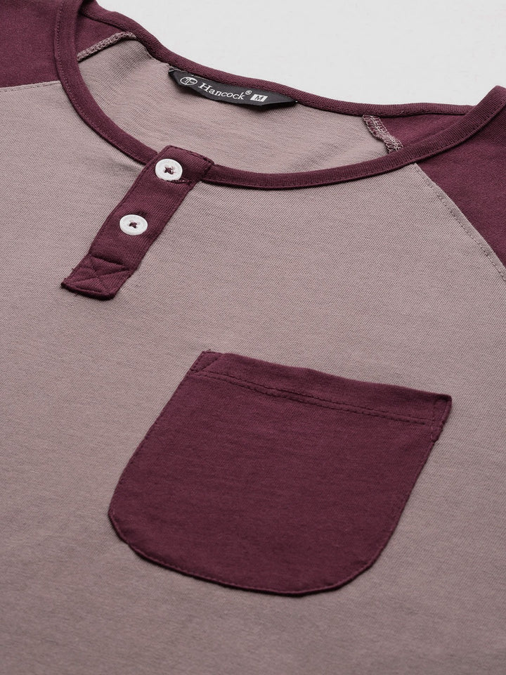 Men Dusty Mauve & Burgundy Solid Pure Cotton Slim Fit Henley T-Shirt