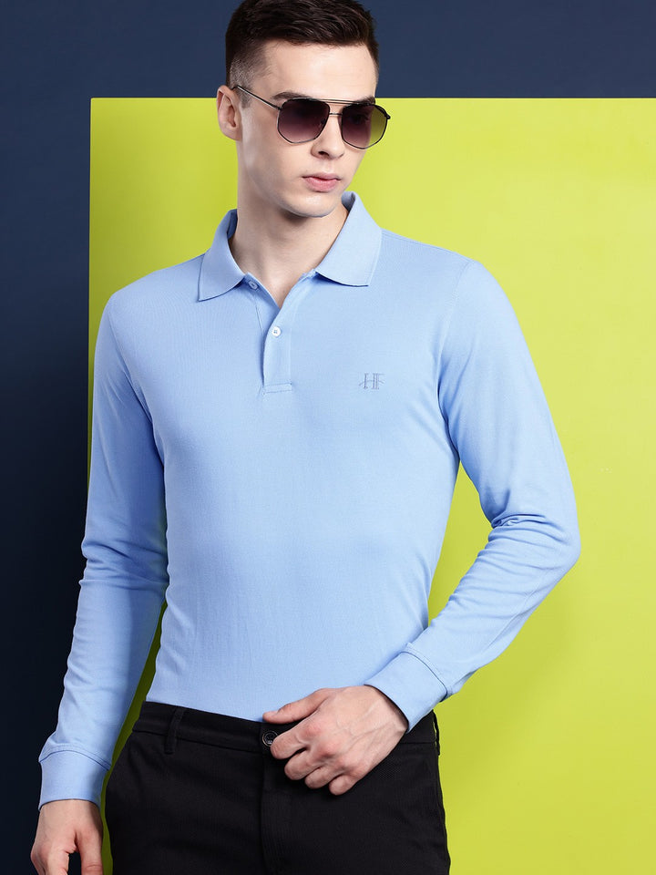 Men Blue Solid Pure Cotton Slim Fit T-Shirt