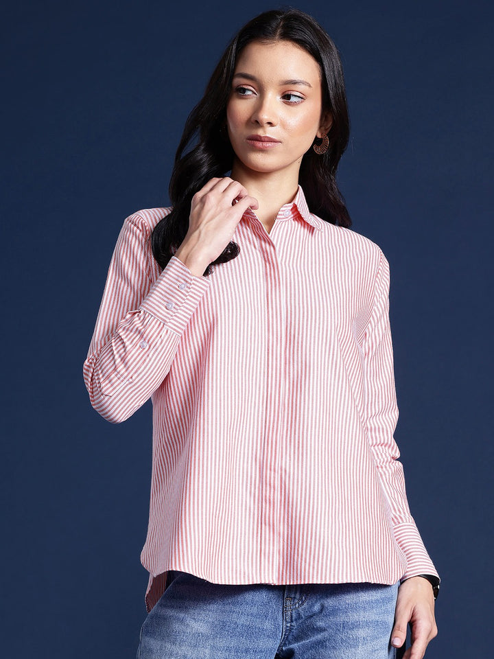 Women White & Coral Stripes Pure Cotton Boyfriend Fit Formal Shirt