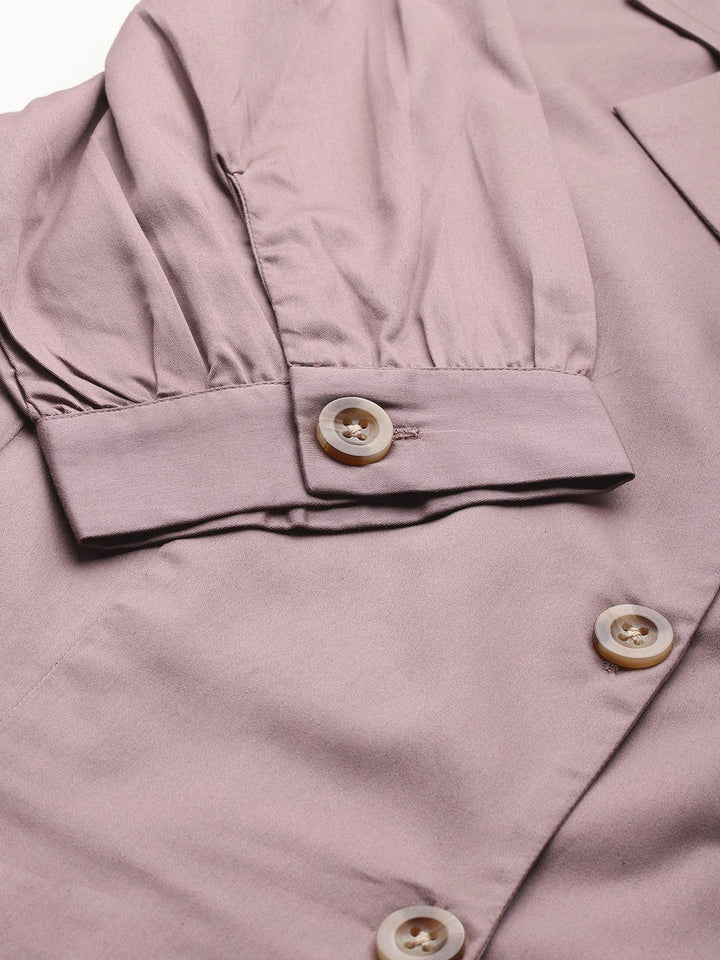 Women Dusty Mauve Solid Pure Cotton Satin Pleated Formal Shirt