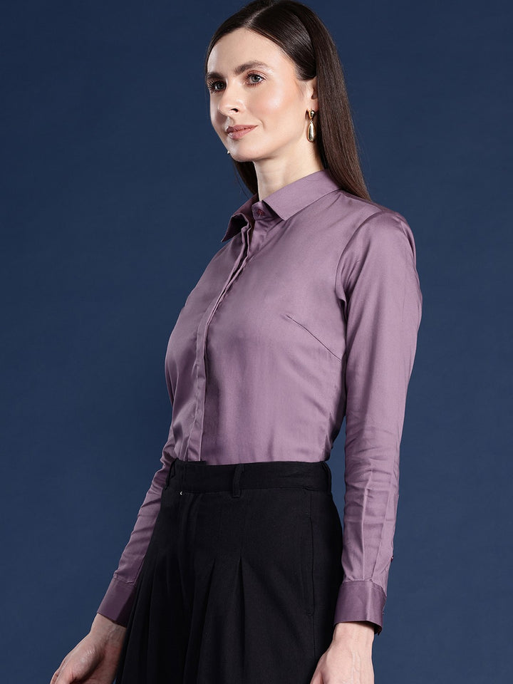 Women Purple Solid Cotton Satin Stretchable Wrinkle Free Formal Shirt