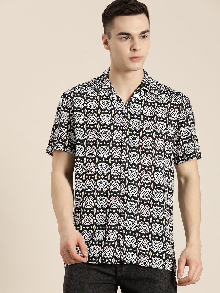 Men Black Printed Viscose Rayon Regular Fit Casual Shirt