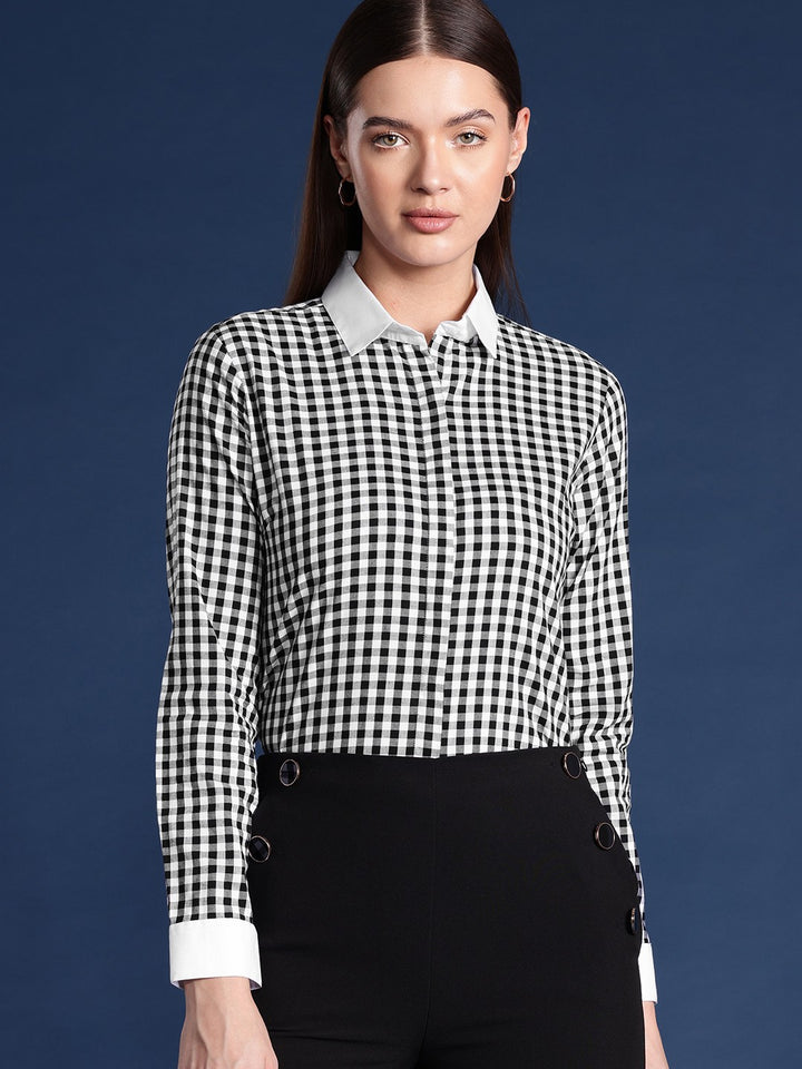 Women White & Black Gingham Checks Pure Cotton Bankers Formal Shirt