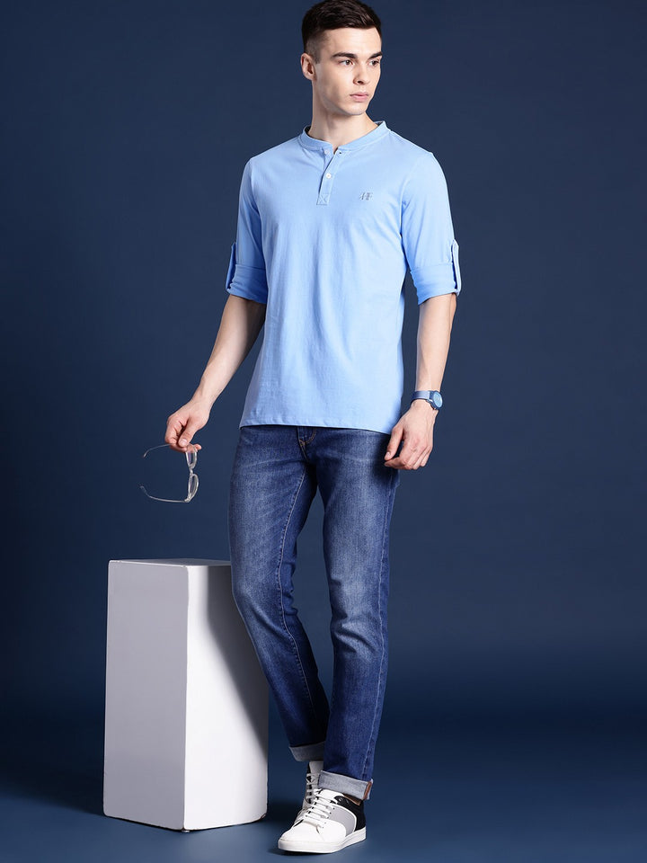 Men Blue Solid Pure Cotton Relaxed Fit Henley T-Shirt