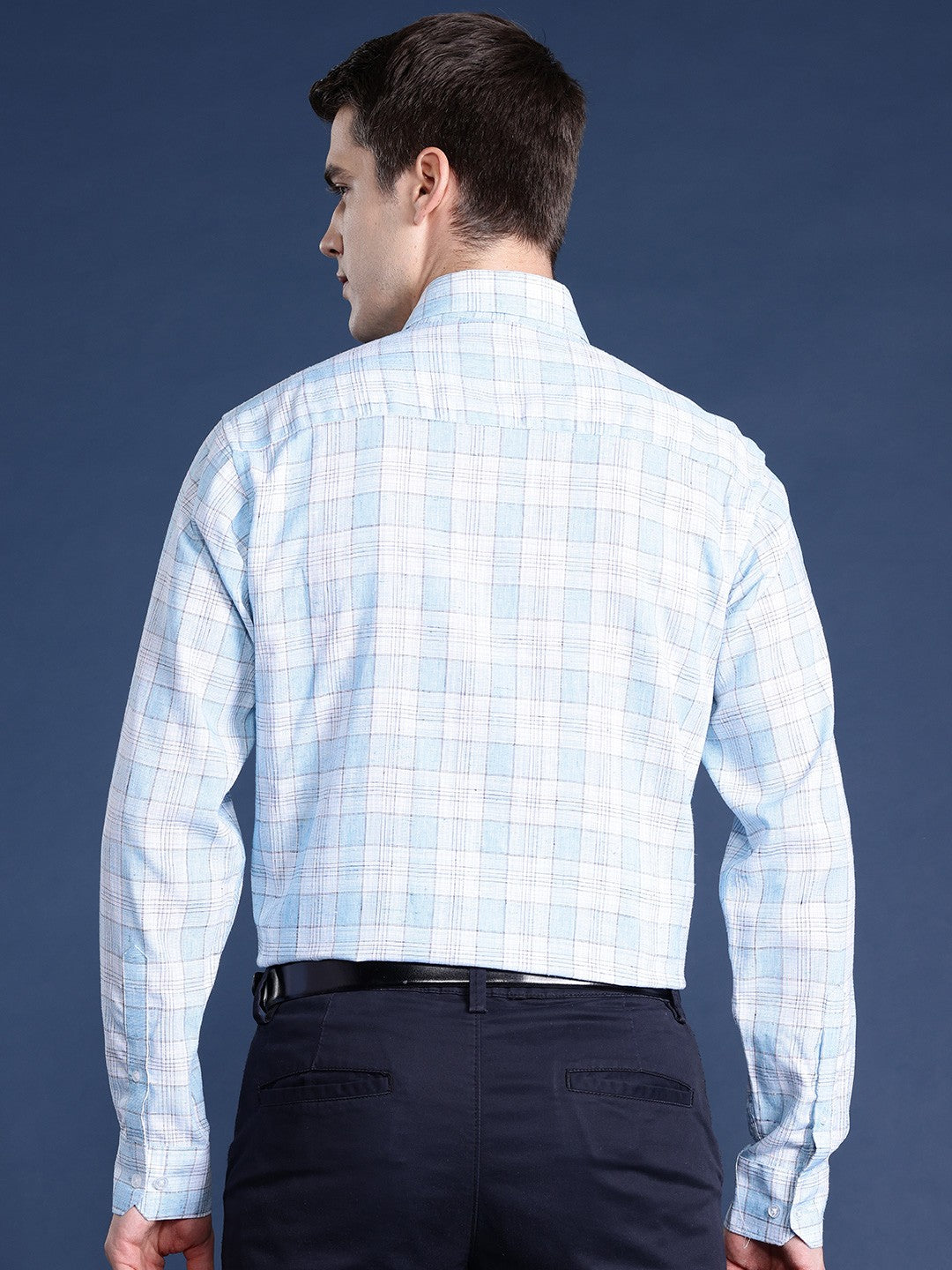 Men Blue Checked Pure Linen Cotton Slim Fit Formal Shirt