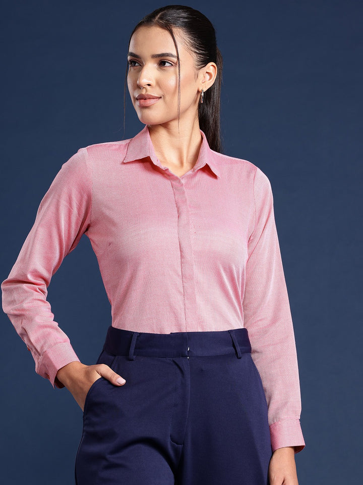 Women Red Solid Dobby Pure Cotton Formal Shirt