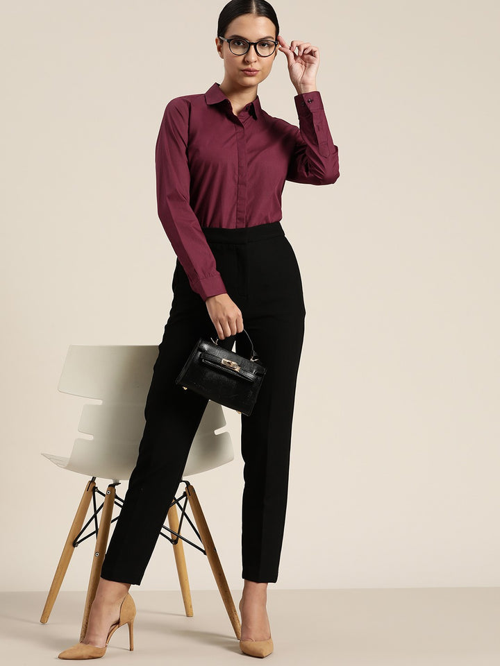 Women Wine Solid Pure Cotton Plus Size Formal Shirt