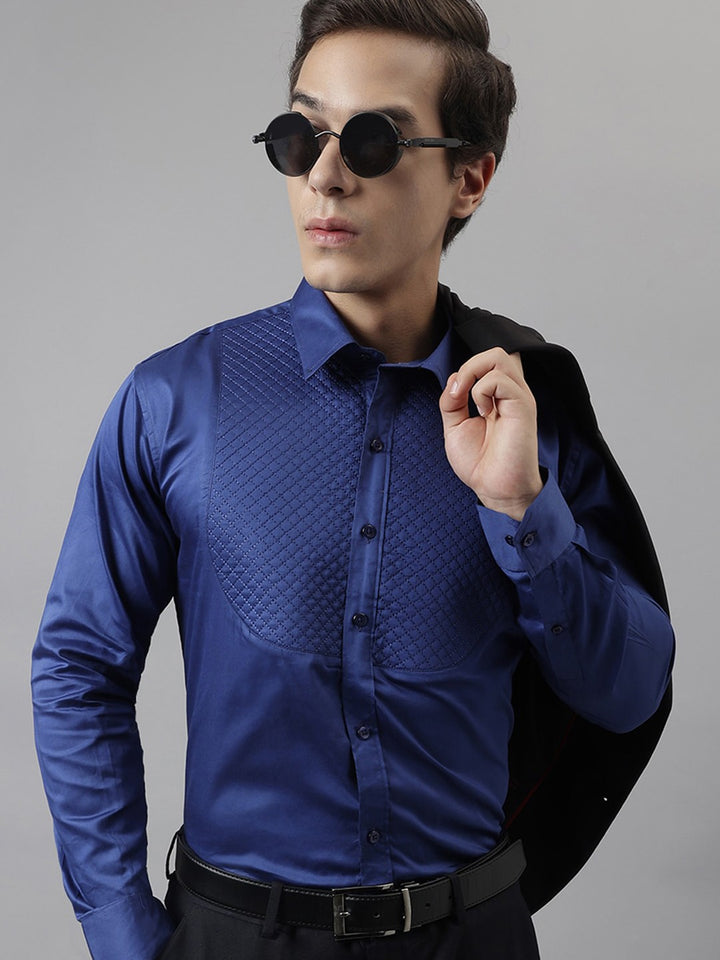 Men Navy Solid Cotton Satin Slim Fit Formal Shirt