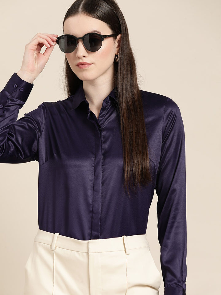 Women Purple Solid Satin Formal Shirt