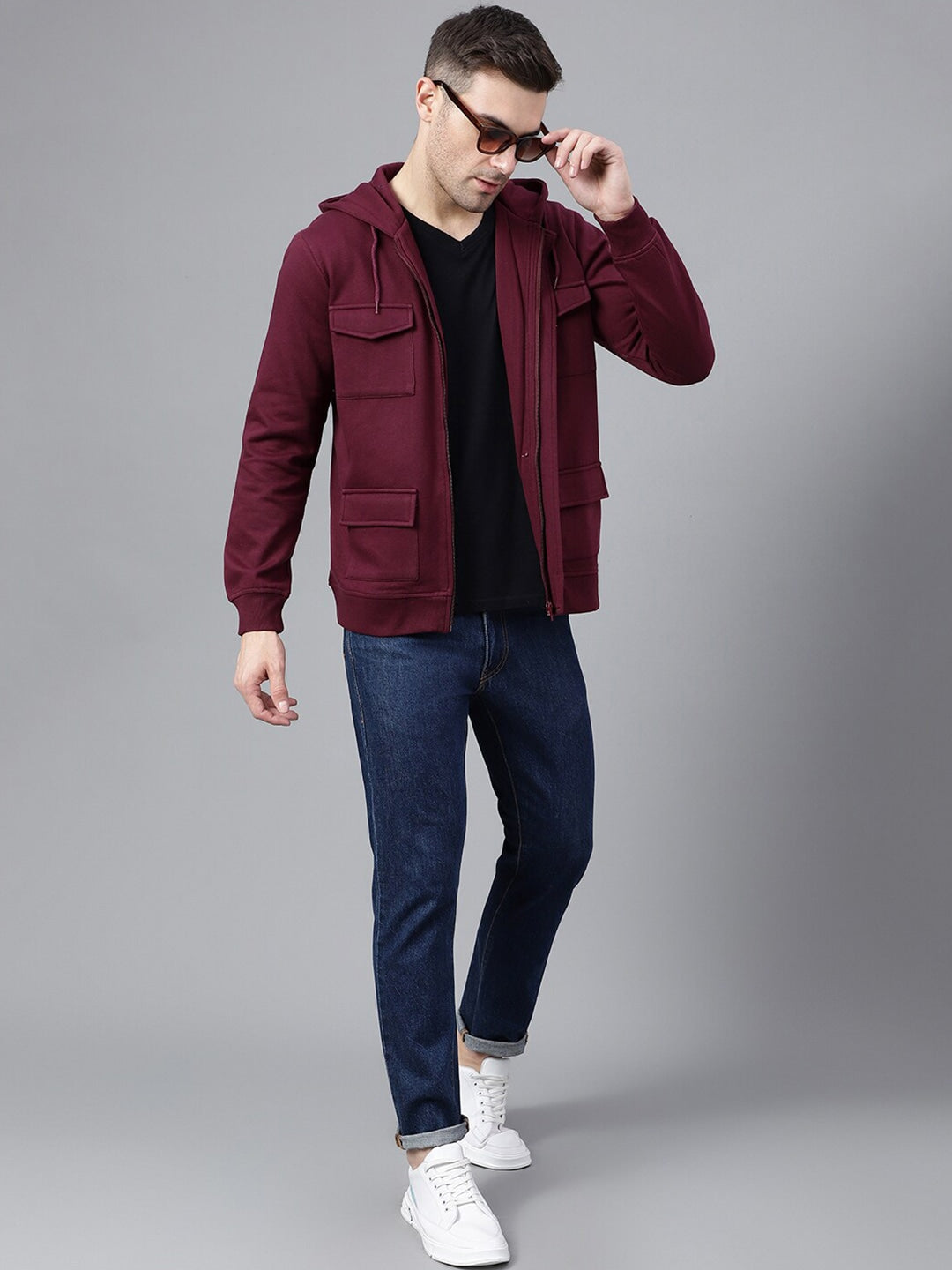 Men Burgundy Solid Full Zipper Cargo Pocket Long Sleeves Fleece Hooded Sweatshirt