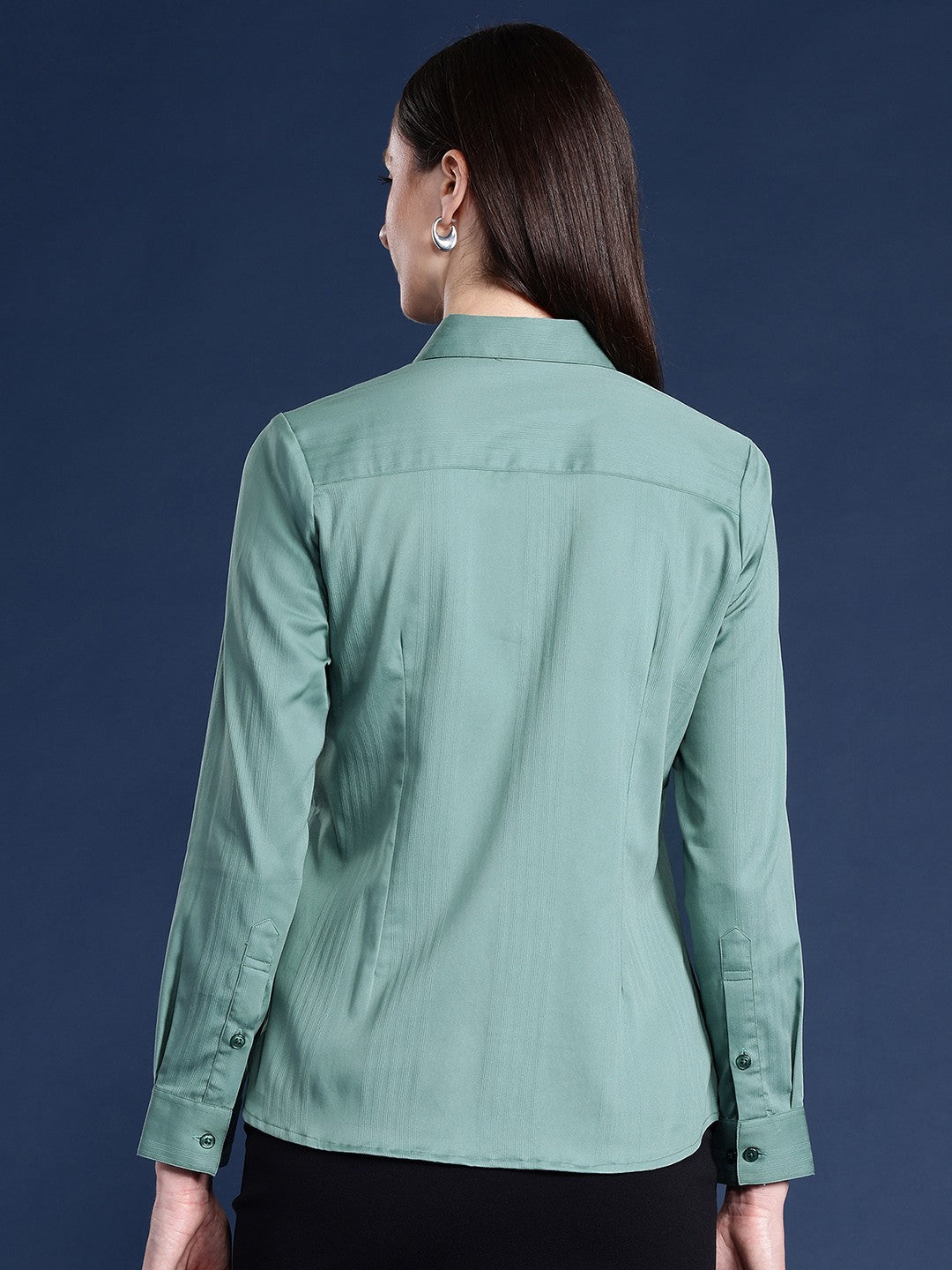 Women Green Solid Self Design, Pure Cotton Stretchable Wrinkle Free Formal Shirt