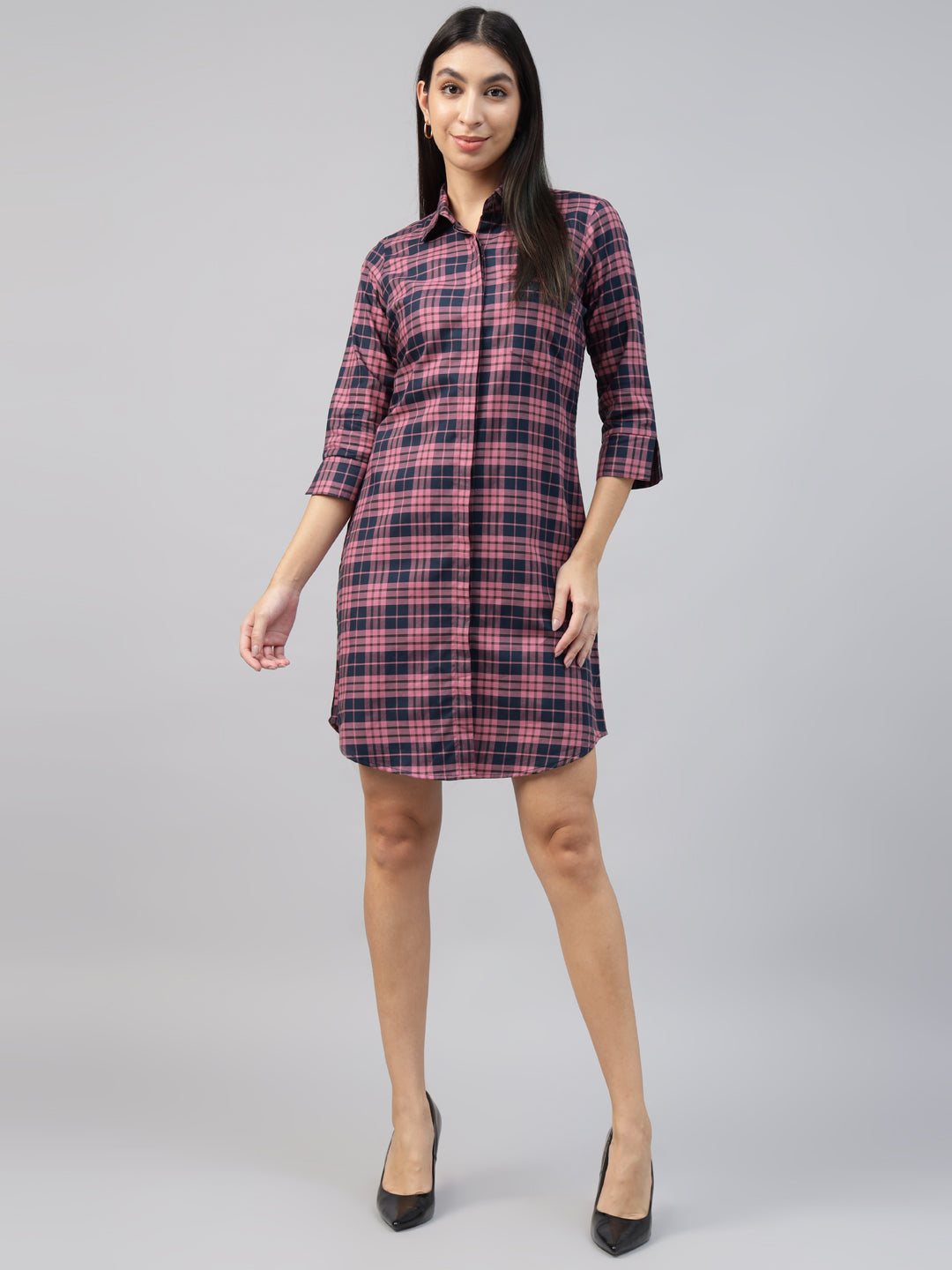 Women Pink & Navy Blue Tartan Twill Checked Pure Cotton Formal Shirt Dress