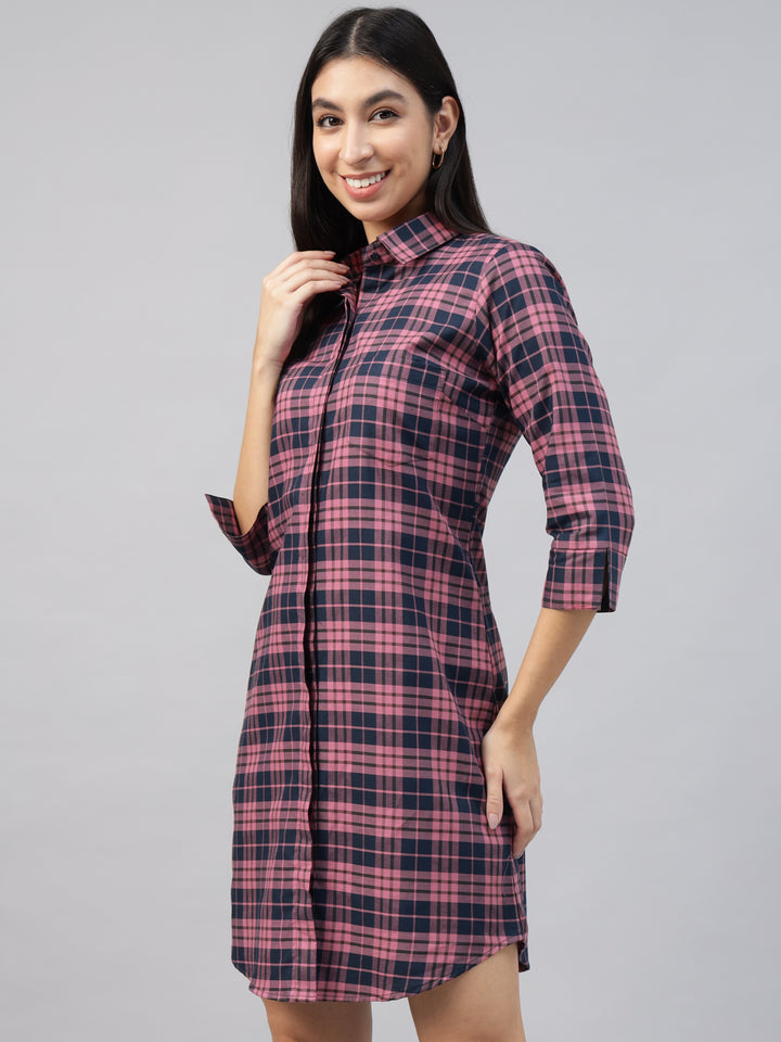 Women Pink & Navy Blue Tartan Twill Checked Pure Cotton Formal Shirt Dress