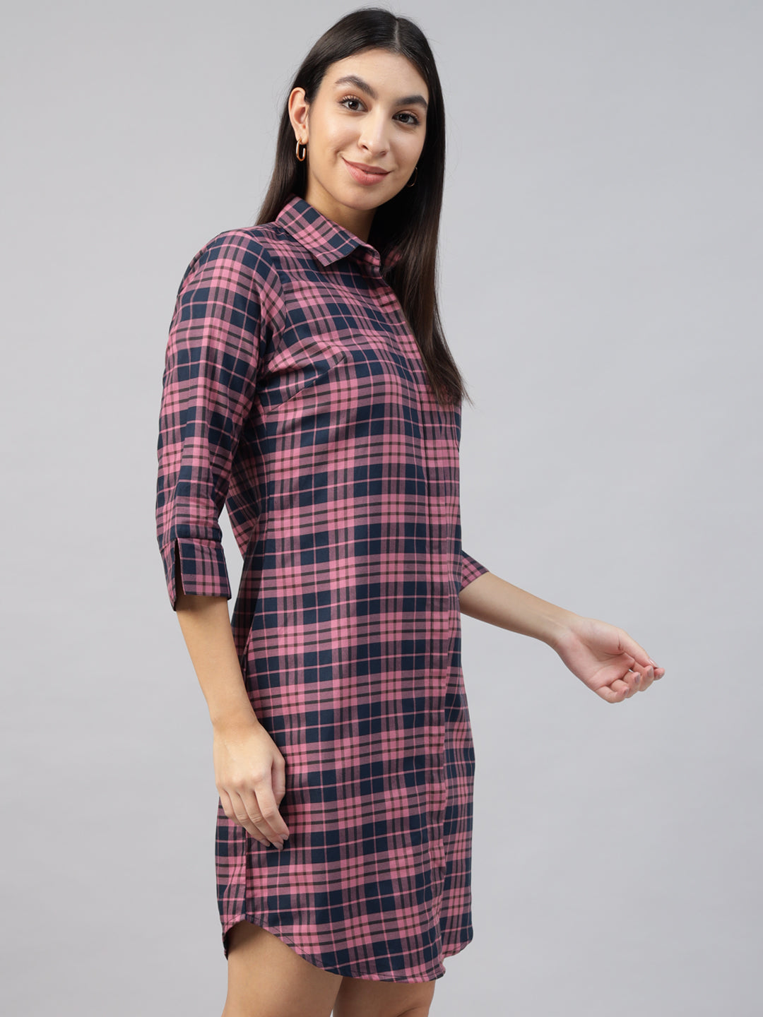 Women Pink & Navy Blue Tartan Twill Checked Pure Cotton Formal Shirt Dress