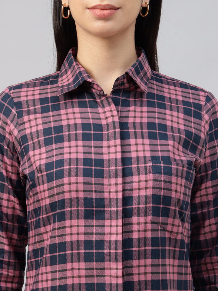 Women Pink & Navy Blue Tartan Twill Checked Pure Cotton Formal Shirt Dress