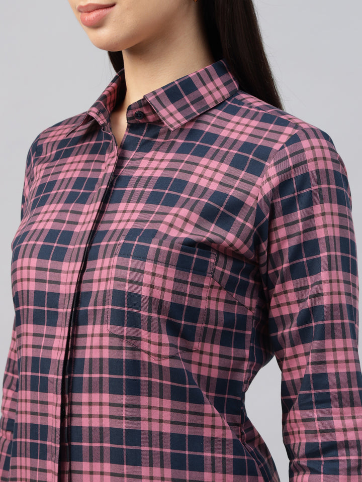 Women Pink & Navy Blue Tartan Twill Checked Pure Cotton Formal Shirt Dress