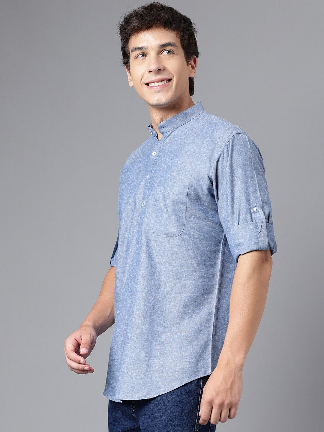 Men Blue Solid Pure Cotton Regular Fit Casual Kurta