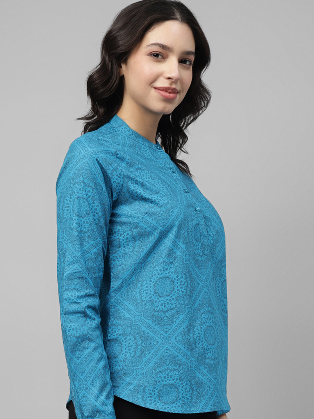 Women, Blue, Floral Printed, Pure Cotton, Mandarin Collar, Regular Fit, Formal Top