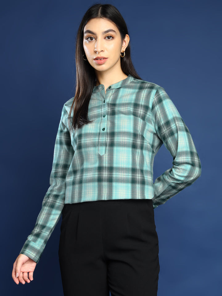 Women Flannel Green Checked Pure Cotton Mandarin Collar Formal Top