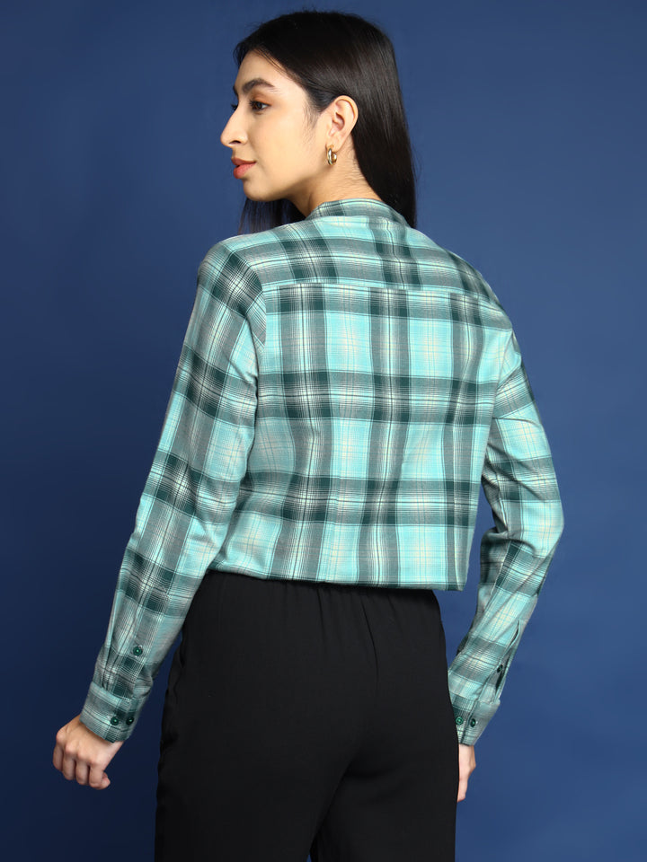 Women Flannel Green Checked Pure Cotton Mandarin Collar Formal Top