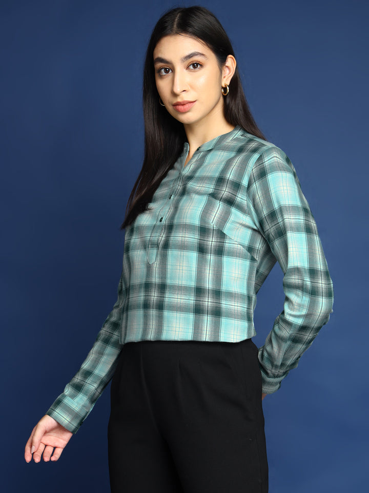 Women Flannel Green Checked Pure Cotton Mandarin Collar Formal Top