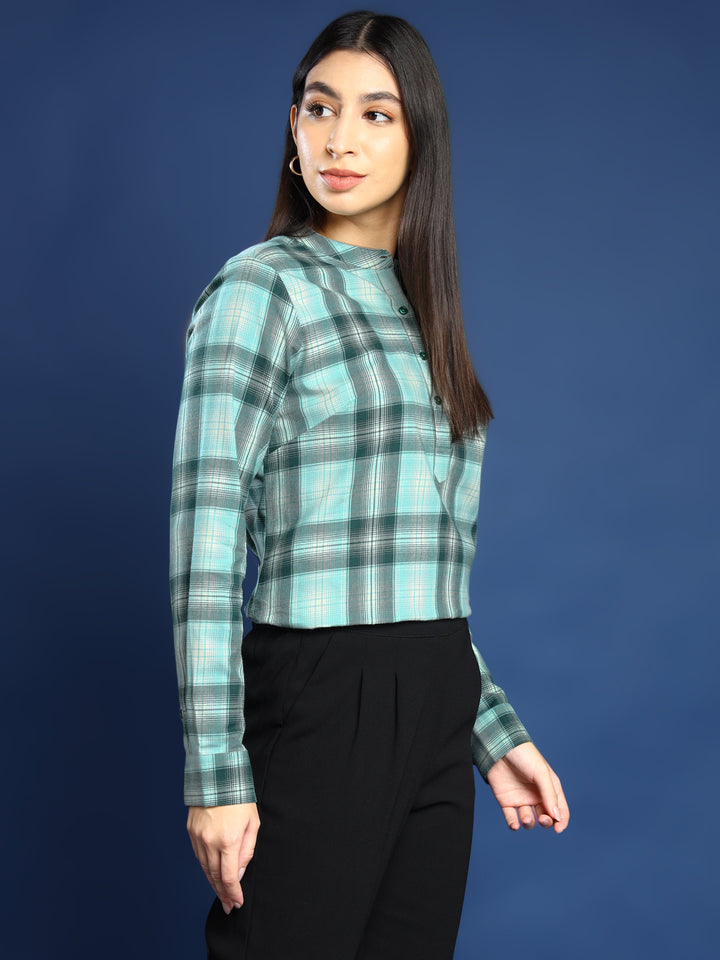 Women Flannel Green Checked Pure Cotton Mandarin Collar Formal Top