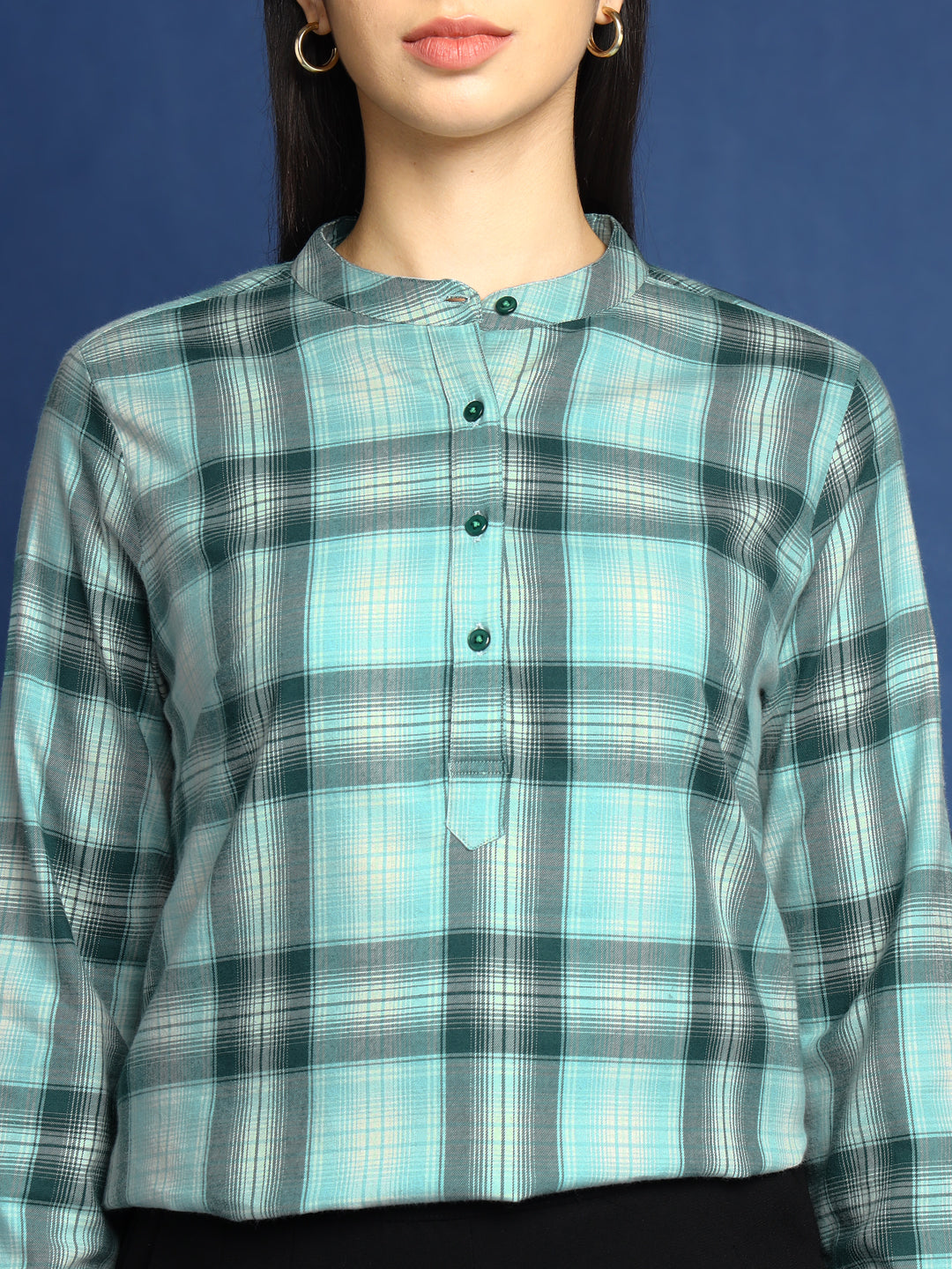 Women Flannel Green Checked Pure Cotton Mandarin Collar Formal Top