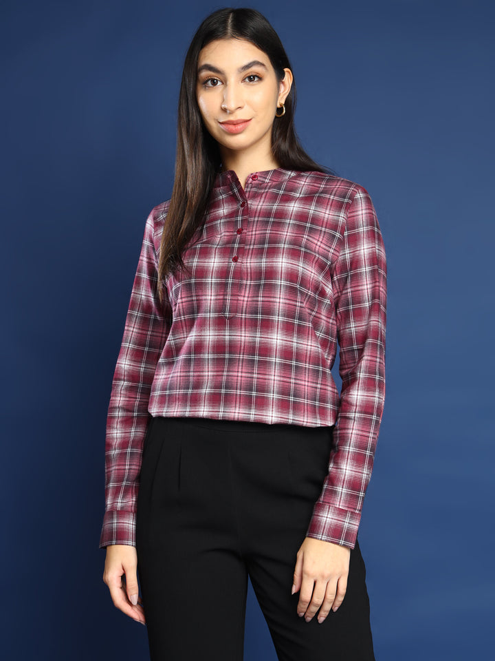 Women Flannel Maroon Checked Pure Cotton Mandarin Collar Formal Top