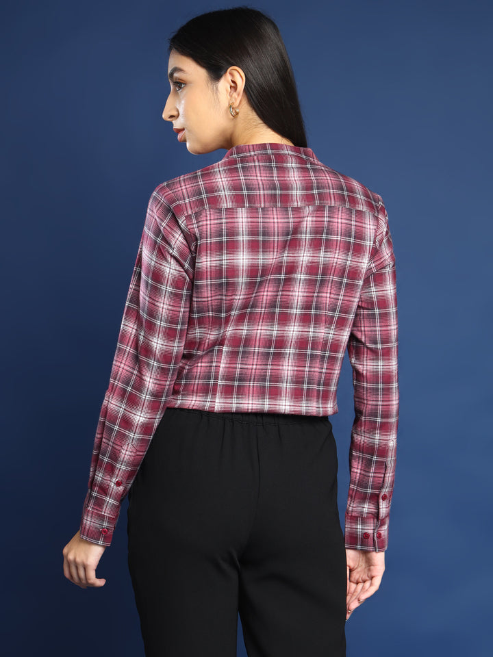 Women Flannel Maroon Checked Pure Cotton Mandarin Collar Formal Top