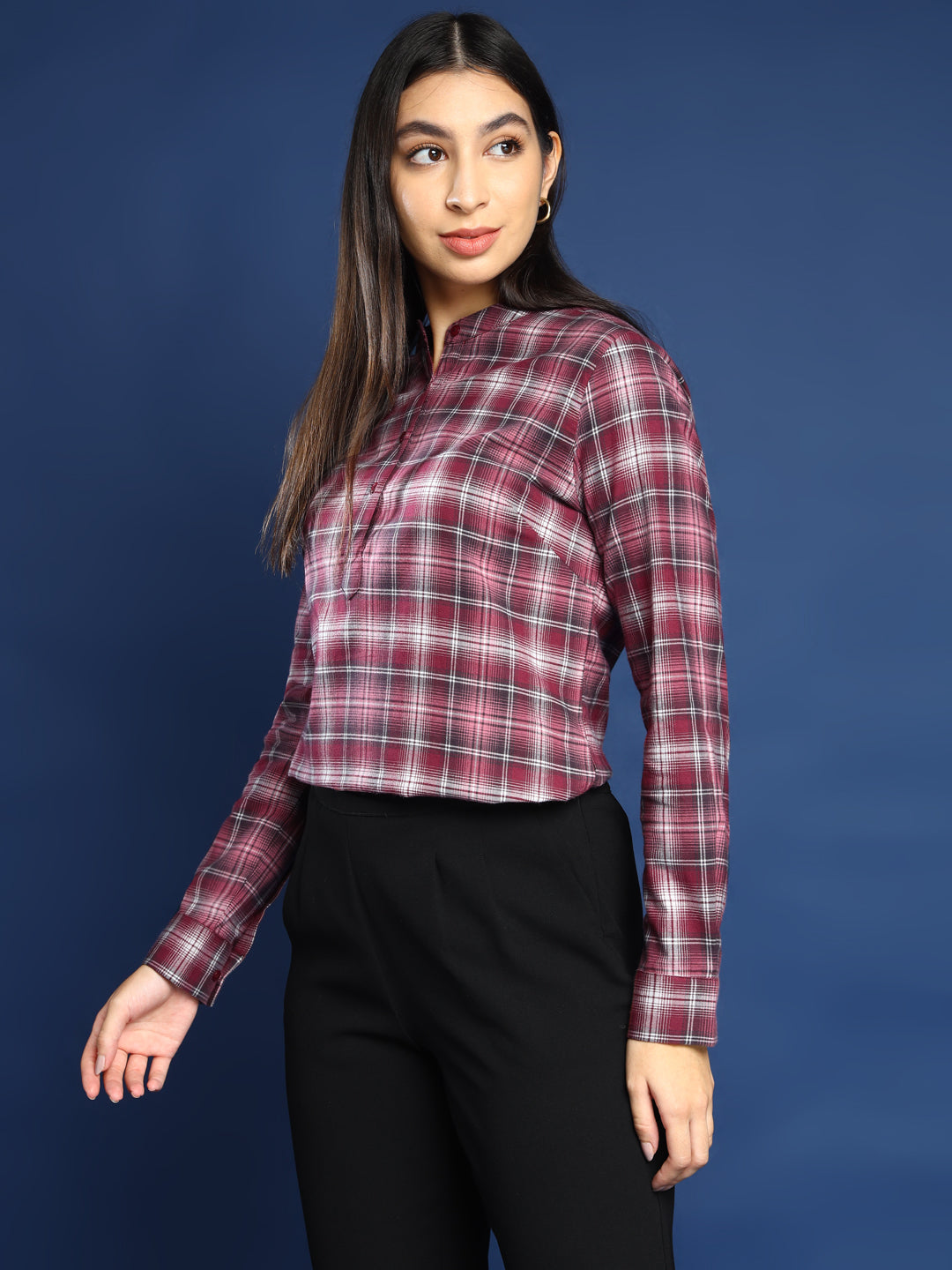 Women Flannel Maroon Checked Pure Cotton Mandarin Collar Formal Top