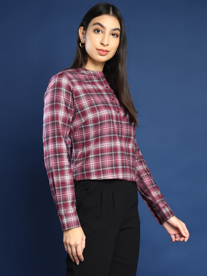 Women Flannel Maroon Checked Pure Cotton Mandarin Collar Formal Top