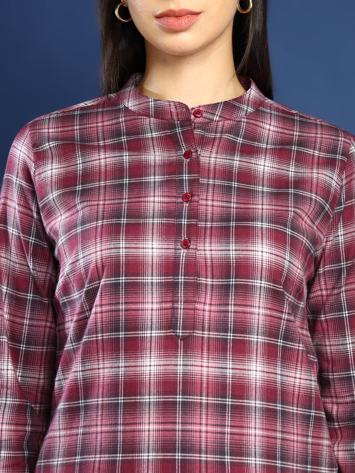 Women Flannel Maroon Checked Pure Cotton Mandarin Collar Formal Top