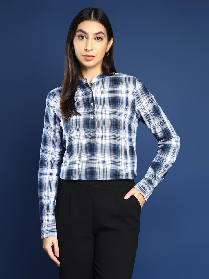 Women Flannel Navy Blue Checked Pure Cotton Mandarin Collar Formal Top